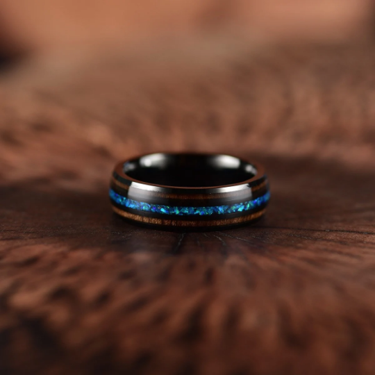 Black Tungsten Koa Wood Blue Opal Women's Wedding Band 4MM - Rings By Pristine