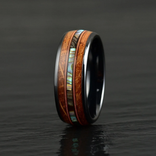 Tungsten Abalone Guitar String Whiskey Barrell Men's Wedding Band 8MM - Rings By Pristine