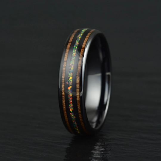 Yellow Opal Koa Wood Black Ceramic Men's Wedding Band 6MM - Rings By Pristine