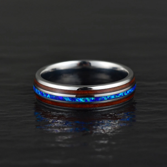 Grey Tungsten Koa Wood Blue Opal Women's Wedding Band 4MM - Rings By Pristine