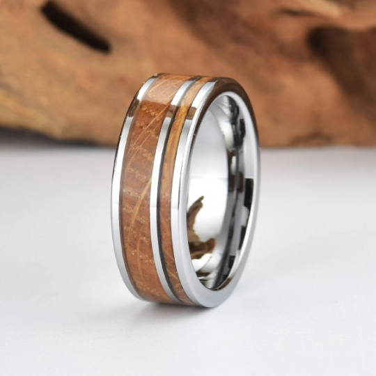 Tungsten Whiskey Barrel Wood Men's Wedding Band 8MM - Rings By Pristine