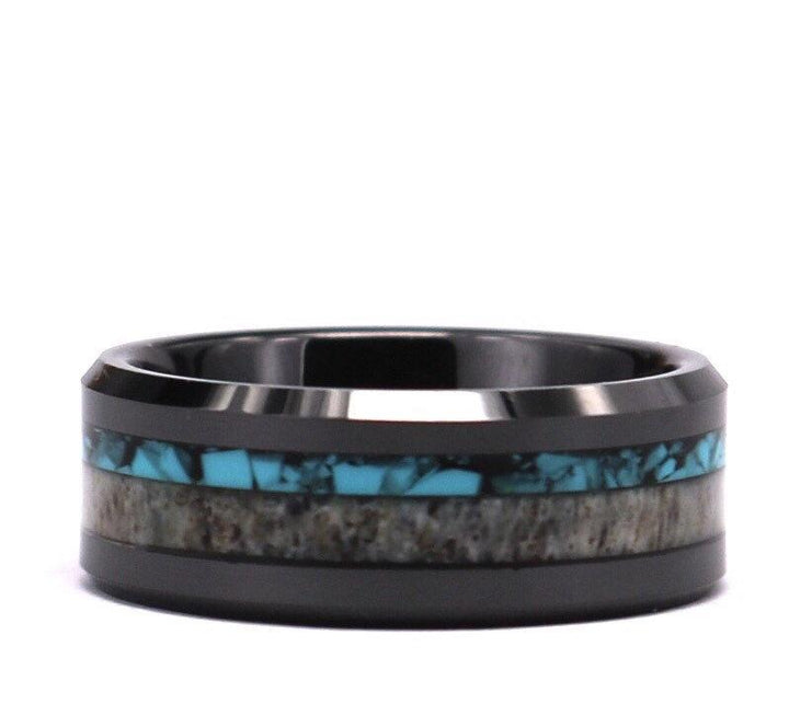 Deer Antler Turquoise Black Tungsten Men's Wedding Band 8MM - Rings By Pristine