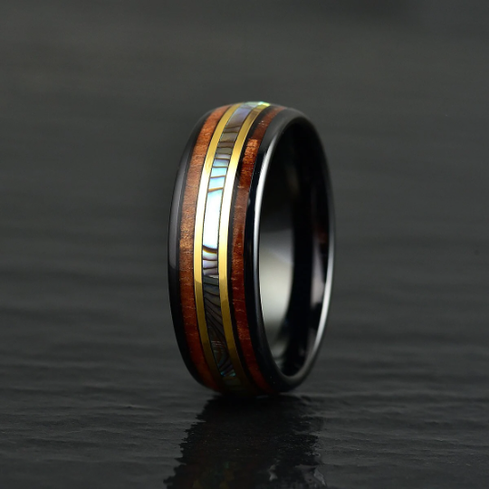Tungsten Abalone Shell Koa Wood Men's Wedding Band 8MM - Rings By Pristine