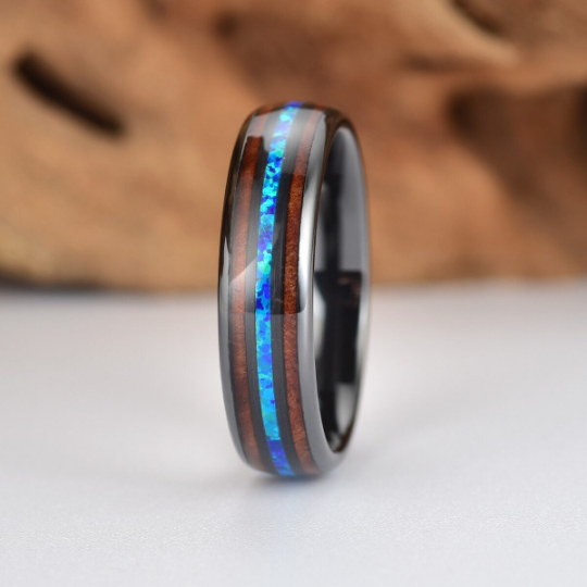 Black Ceramic Koa Wood Blue Opal Women's Wedding Band 4MM - Rings By Pristine