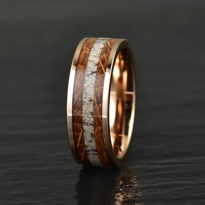 Rose Tungsten Whiskey Barrel Antler Men's Wedding Band 8MM - Rings By Pristine
