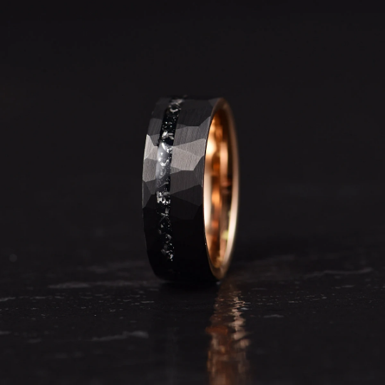 Rose Hammered Tungsten Crushed Meteorite Men's Wedding Band 8MM - Rings By Pristine
