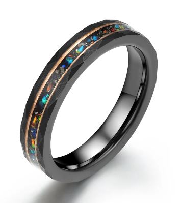 Black Hammered Tungsten Crushed Opal Women's Wedding Band 4MM - Rings By Pristine
