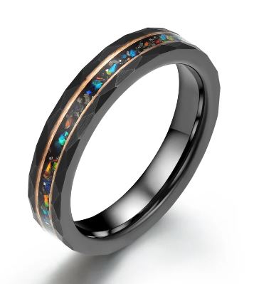 Black Hammered Tungsten Crushed Opal Women's Wedding Band 4MM