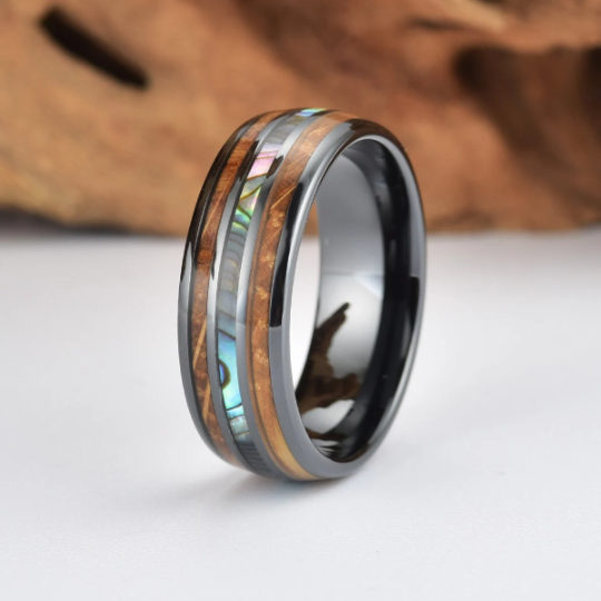 Black Ceramic Abalone Shell Whiskey Barrel Wood Men's Wedding Band 8MM - Rings By Pristine