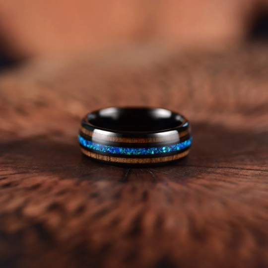 Black Tungsten Koa Wood Blue Opal Men's Wedding Band 8MM - Rings By Pristine
