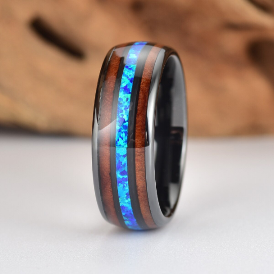 Black Ceramic Koa Wood Blue Opal Men's Wedding Band 8MM - Rings By Pristine