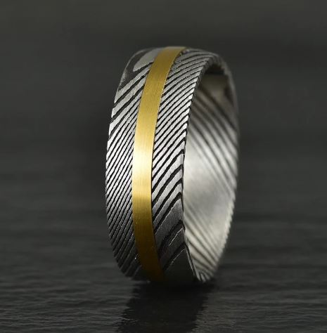 Damascus Steel Yellow Inlay Men's Wedding Band 8MM - Rings By Pristine
