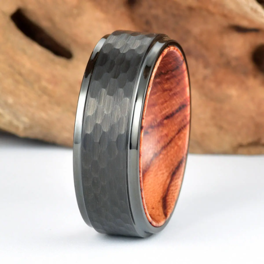 Rose Wood Hammered Black Tungsten Men's Wedding Band 8MM - Rings By Pristine