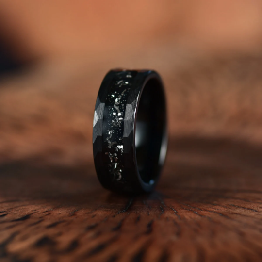 Crushed Meteorite Hammered Tungsten Men's Wedding Band 8MM - Rings By Pristine