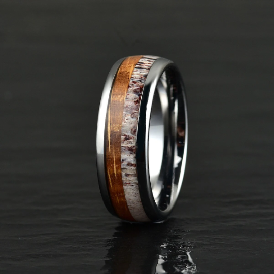 Tungsten Antler Whiskey Barrel Wood Men's Wedding Band 8MM - Rings By Pristine