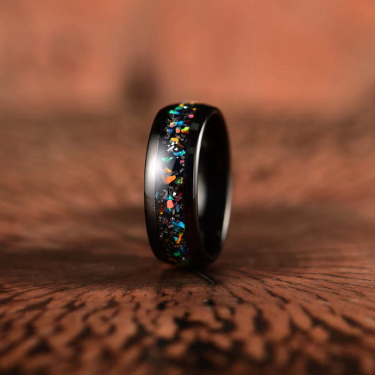 Black Tungsten Crushed Opal Rounded Men's Wedding Band 8MM - Rings By Pristine