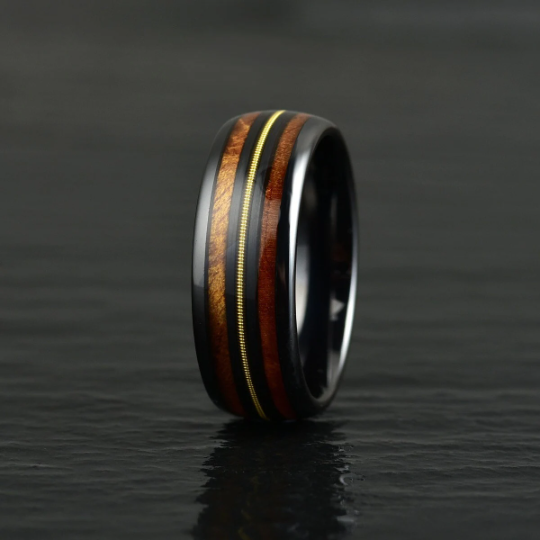 Black Ceramic Koa Wood Guitar String Men's Wedding Band 8MM - Rings By Pristine