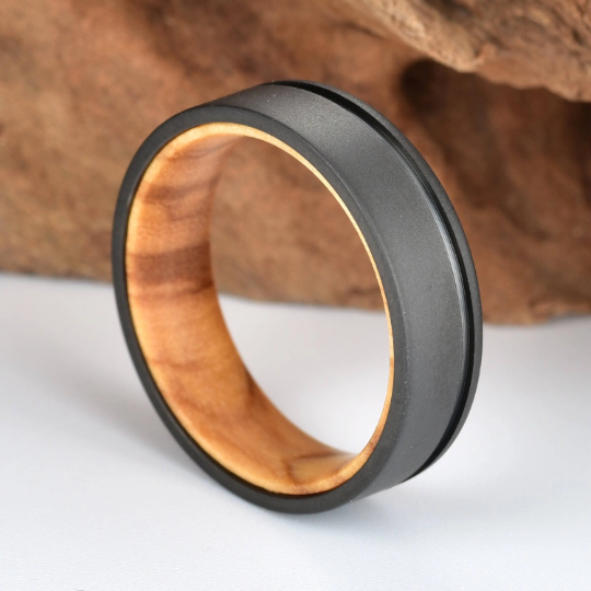 Olive Wood Black Titanium Men's Wedding Band 6MM - Rings By Pristine