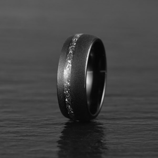 Sandblasted Black Tungsten Crushed Meteorite Men's Wedding Band 8MM - Rings By Pristine