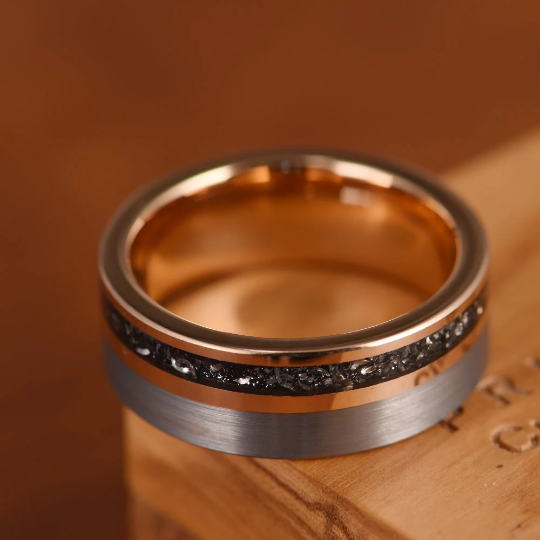 Two Tone Rose Tungsten Meteorite Men's Wedding Band 8MM - Rings By Pristine