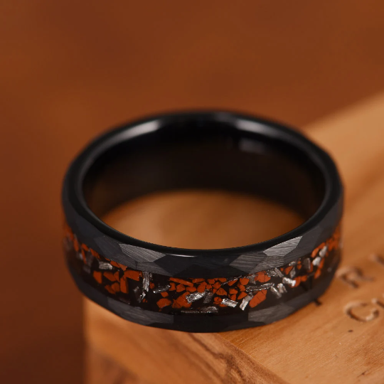 Black Hammered Tungsten Dinosaur Bone and Meteorite Men's Wedding Band 8MM - Rings By Pristine