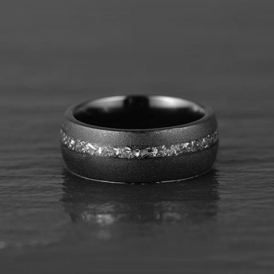 Sandblasted Black Tungsten Crushed Meteorite Men's Wedding Band 8MM - Rings By Pristine