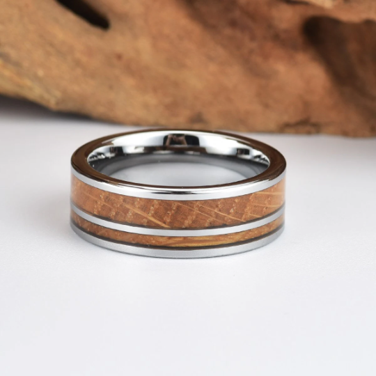 Tungsten Whiskey Barrel Wood Men's Wedding Band 8MM - Rings By Pristine