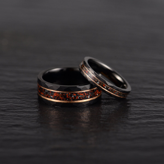 Black Hammered Tungsten Dinosaur Bone and Meteorite Men's Wedding Band 8MM - Rings By Pristine
