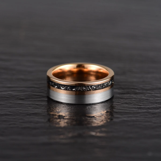 Two Tone Rose Tungsten Meteorite Men's Wedding Band 8MM - Rings By Pristine