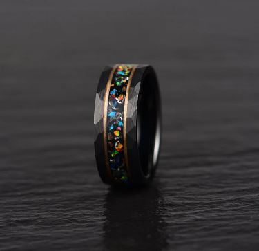 Black Hammered Tungsten Crushed Opal Men's Wedding Band 8MM - Rings By Pristine