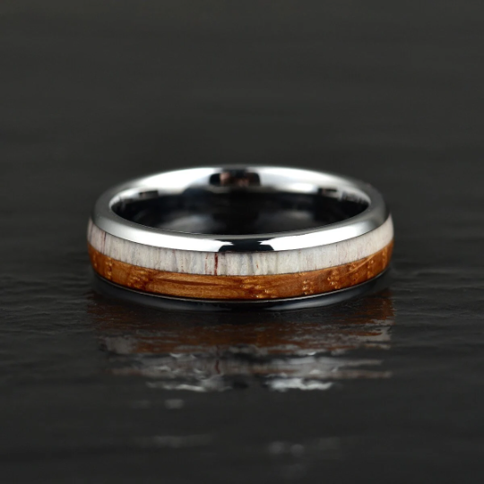 Tungsten Antler Whiskey Barrel Wood Men's Wedding Band 6MM - Rings By Pristine