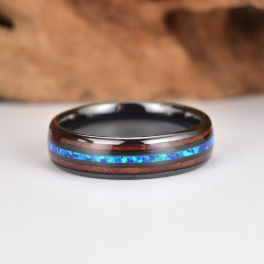 Black Ceramic Koa Wood Blue Opal Women's Wedding Band 4MM - Rings By Pristine