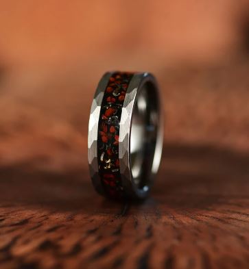 Grey Hammered Tungsten Dinosaur Bone and Meteorite Men's Wedding Band 8MM - Rings By Pristine