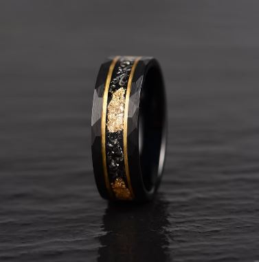 Gold Foil Tungsten and Meteorite Men's Wedding Band 8MM - Rings By Pristine