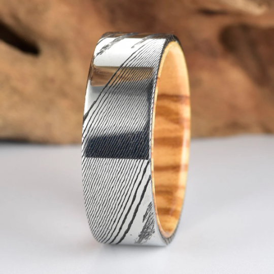 Damascus Olive Wood Men's Wedding Band 8MM - Rings By Pristine