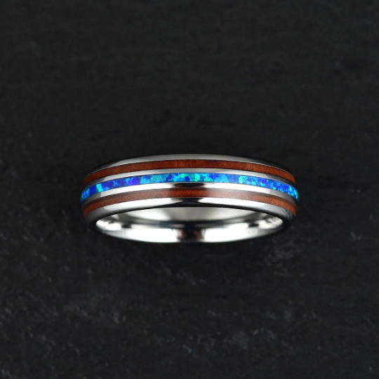 Grey Tungsten Koa Wood Blue Opal Women's Wedding Band 4MM - Rings By Pristine