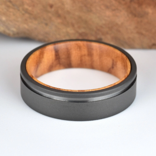 Olive Wood Black Titanium Men's Wedding Band 6MM - Rings By Pristine