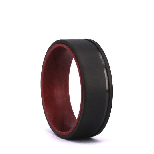 Purple Heart Wood Black Sandblasted Titanium Wedding Band 8MM - Rings By Pristine