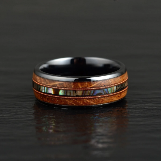 Tungsten Abalone Guitar String Whiskey Barrell Men's Wedding Band 8MM - Rings By Pristine
