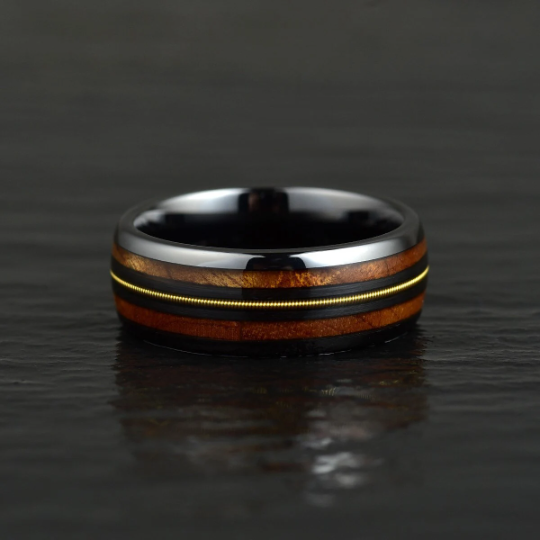 Black Ceramic Koa Wood Guitar String Men's Wedding Band 8MM - Rings By Pristine