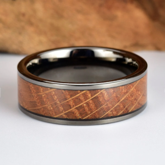 Black Ceramic Whiskey Barrel Wood Antique Finish Men's Wedding Band 8MM - Rings By Pristine
