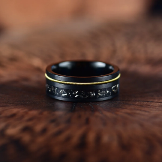 Crushed Meteorite Yellow Guitar String Men's Wedding Band 8MM - Rings By Pristine