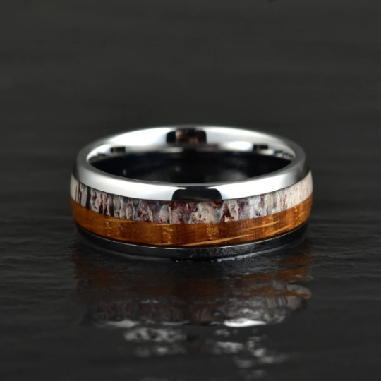 Tungsten Antler Whiskey Barrel Wood Men's Wedding Band 8MM - Rings By Pristine
