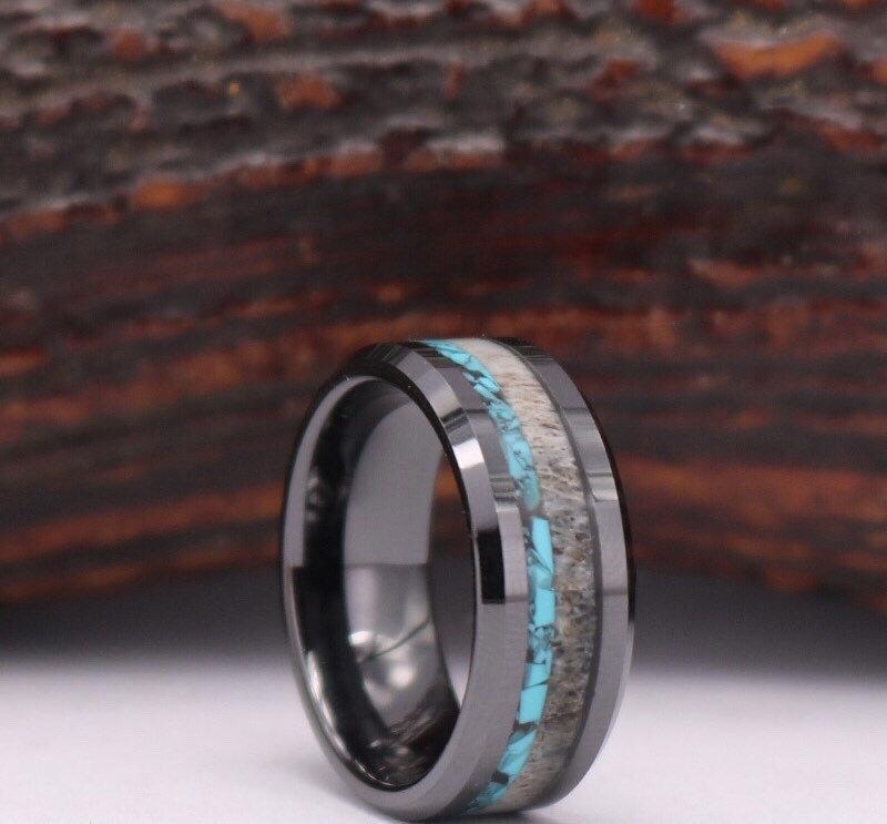 Deer Antler Turquoise Black Tungsten Men's Wedding Band 8MM - Rings By Pristine