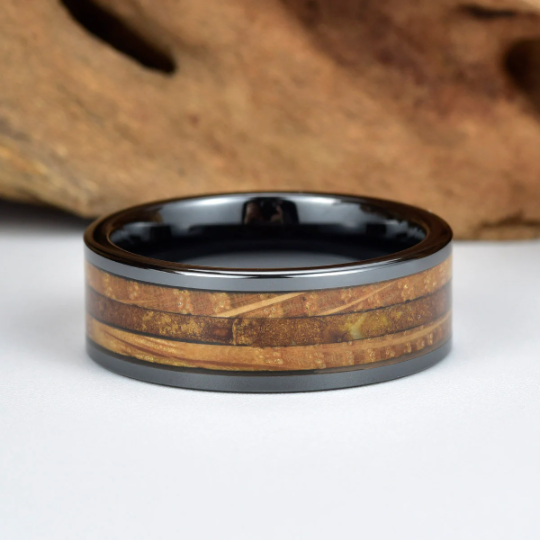 Black Ceramic Tobbaco Leaf Whiskey Barrel Wood Men's Wedding Band 8MM - Rings By Pristine