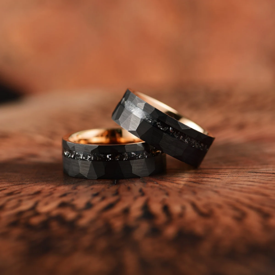 Rose Hammered Tungsten Crushed Meteorite Men's Wedding Band 8MM - Rings By Pristine