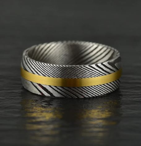 Damascus Steel Yellow Inlay Men's Wedding Band 8MM - Rings By Pristine