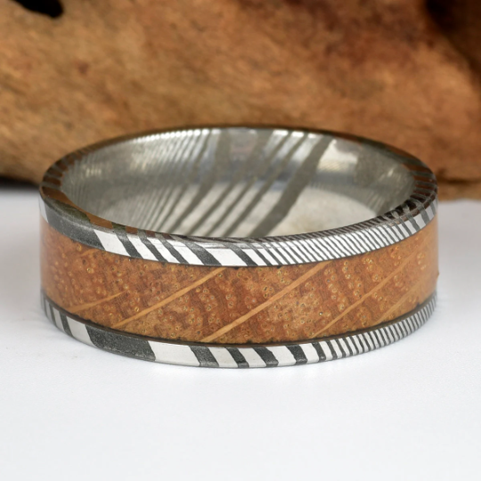 Damascus Whiskey Barrel Wood Men's Wedding Band 8MM - Rings By Pristine