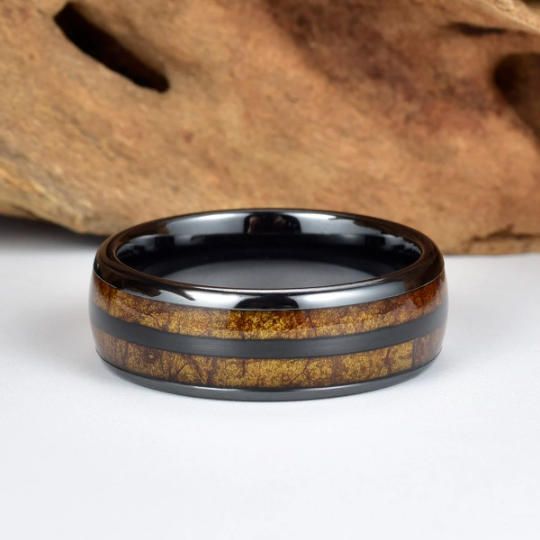 Black Ceramic Tobbaco Leaf Wood Men's Wedding Band 8MM - Rings By Pristine