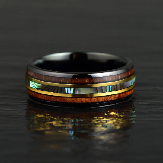Tungsten Abalone Shell Koa Wood Men's Wedding Band 8MM - Rings By Pristine